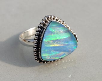 Aurora Opal Ring, 925 Sterling Silver Triangle Gemstone, Women Handmade Jewelry, Fire Opal