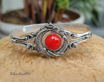 Dragon Sterling Silver Bangle – Red Coral Statement Bracelet, Women's Jewelry