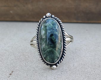 Seraphinite Oval Gemstone Ring | 925 Silver Statement Ring | June Birthstone |