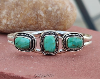 Kingman Turquoise Triple Gemstone Bangle, Sterling Silver Boho Jewelry, Women Statement Artisan Bracelet
