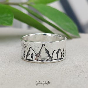 Bague montagne faite main en argent sterling 925 | Large bande inspirée de la nature | Cadeau bijoux aventure Wanderlust pour homme et femme
