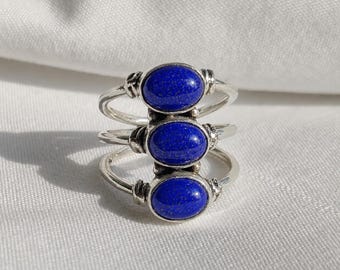 Lapis Lazuli Sterling Silver Ring | Vintage Boho Style Jewelry | Blue Triple Gemstone Ring | Unique Birthday Gift