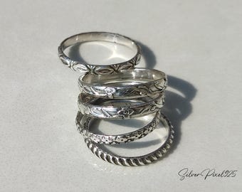 Sterling Silver Stacking Ring Set Of 5, Floral Design, Handmade Boho Minimalist Band,Sets