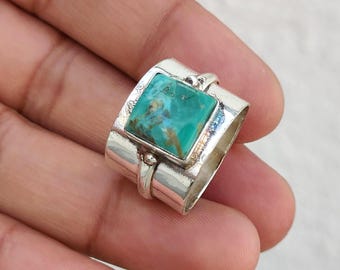 Kingman Turquoise Boho Ring, Sterling Silver Handmade Wide Band, Natural Gemstone Jewelry