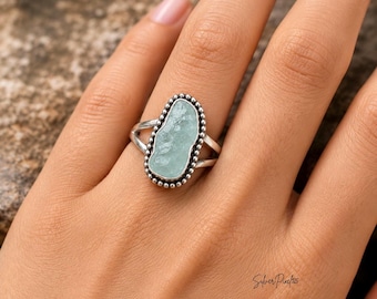 Raw Aquamarine Ring, Sterling Silver Natural Rough Gemstone Statement Ring, Boho Uncut Aquamarine Jewelry, March Birthstone Gift for Her
