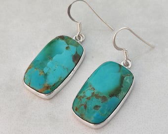 Natural Kingman Turquoise Earrings, Sterling Silver Handmade Boho Jewelry, Dangle Drop Earrings For Women