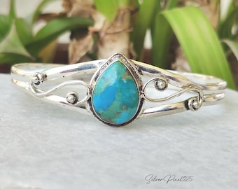 Boho Kingman Turquoise Bangle – Sterling Silver Turquoise Cuff, Artisan Gemstone Bracelet, Women Gift Item