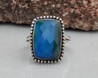 Blue Fire Triplet Ring, Sterling Silver Beaded Border Statement Ring, Faceted Rectangle Gemstone, Gift Item