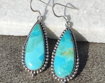 Kingman Turquoise Sterling Silver Earrings, Handmade Boho Southwestern Dangle Earrings For Women