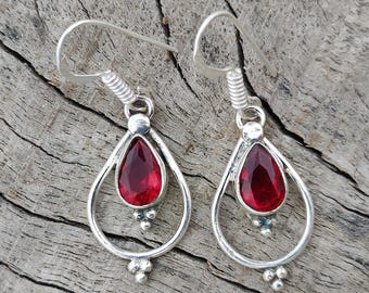 Red Garnet Teardrop Earrings, 925 Sterling Silver Dangle Earrings, Handmade Boho Jewelry, Wedding Gifts