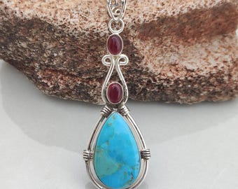 Genuine Kingman Turquoise Pendant, 925 Sterling Silver Garnet Necklace, Artisan Statement Western Jewellery
