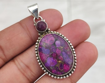 Purple Copper Turquoise Pendant, Sterling Silver Southwestern Boho Necklace, Oval Shape, Women's Gift Jewelry