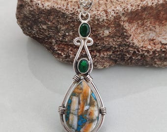 Oyster Copper Turquoise Pendant With Emerald Gemstone: 925 Sterling Silver Statement Jewelry, Women Artisan Necklace