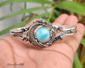 Dragon Designer - Natural Larimar Bangle, Sterling Silver Adjustable Bracelet, Handmade Boho Statement Jewelry