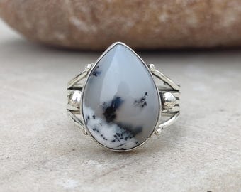 Dendritic Agate Ring, Sterling Silver Handmade Teardrop Gemstone Ring, Statement Filigree Boho Jewelry