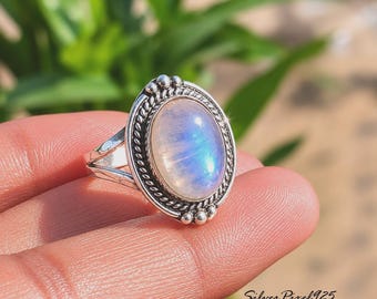 Rainbow Moonstone Ring, Sterling Silver Healing Gemstone, Women Promise Ring, Artisan Crafted Jewelry
