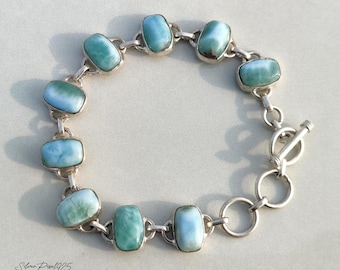 Larimar Silver Bracelet, Handmade Natural Gemstone Jewelry, Boho Statement Bracelet, Gift for Her
