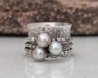 Sterling Silver Pearl Spinner Ring, Boho Fidget Meditation Band, Floral Designer Jewelry, Gift Item