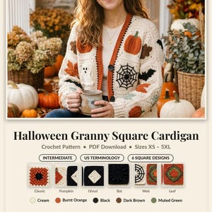 Puede incluir: Un cárdigan de ganchillo color crema con varios cuadrados de la abuela con temática de Halloween, incluyendo calabazas, fantasmas, murciélagos, telarañas y hojas de otoño en naranja quemado, negro, marrón oscuro y verde apagado con botones.
