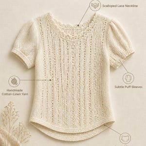 May include: An off-white short-sleeve knit top featuring a scalloped lace neckline, subtle puff sleeves, and a curved hem. The garment is made of cotton-linen yarn with vertical knit detailing. Text includes Crafted by Hand. Made for Summer.
