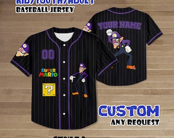Custom Waluigi Baseball Jersey, Super Mario Team Outfit, Purple Retro Cartoon Tee