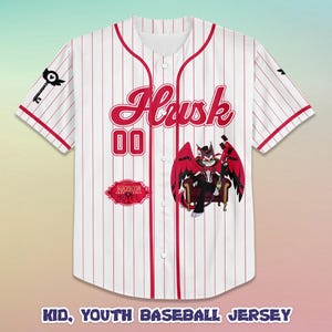 May include: White and red pinstripe baseball jersey with the name "Husk" in red script. Features a cartoon character graphic and the number "00". Includes a key and heart design on the sleeve. The text "KID, YOUTH BASEBALL JERSEY" is at the bottom.