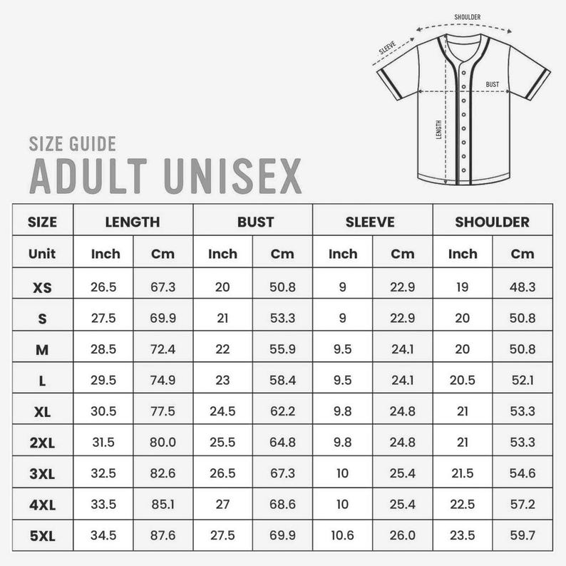 Puede incluir: Gu&iacute;a de tallas para camiseta de b&eacute;isbol unisex para adultos. Medidas en pulgadas y cent&iacute;metros para largo, busto, manga y hombro. Tallas de XS a 5XL. Incluye un diagrama de la camiseta con puntos de medici&oacute;n.