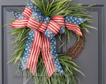 Patriotic Rustic American Flag Bow Wreath, Fourth of July Wreath, Patriotic Wreath, AmericanWreath, Red White Blue, America's 250th Birthday