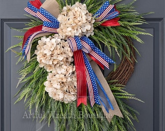 Patriotic Hydrangea Summer Wreath, Fourth of July Wreath, Patriotic Wreath, Large Wreath, Red White Blue Wreath, America's 250th Birthday