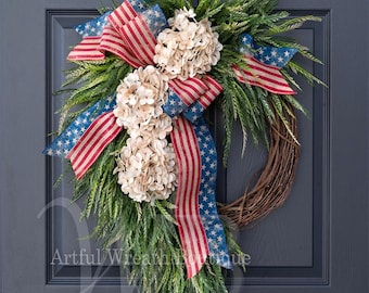 Patriotic Rustic American 24X36 Hydrangea Wreath, Fourth of July Wreath, Patriotic Wreath, Red White Blue, American Flag Bow, 250th Birthday