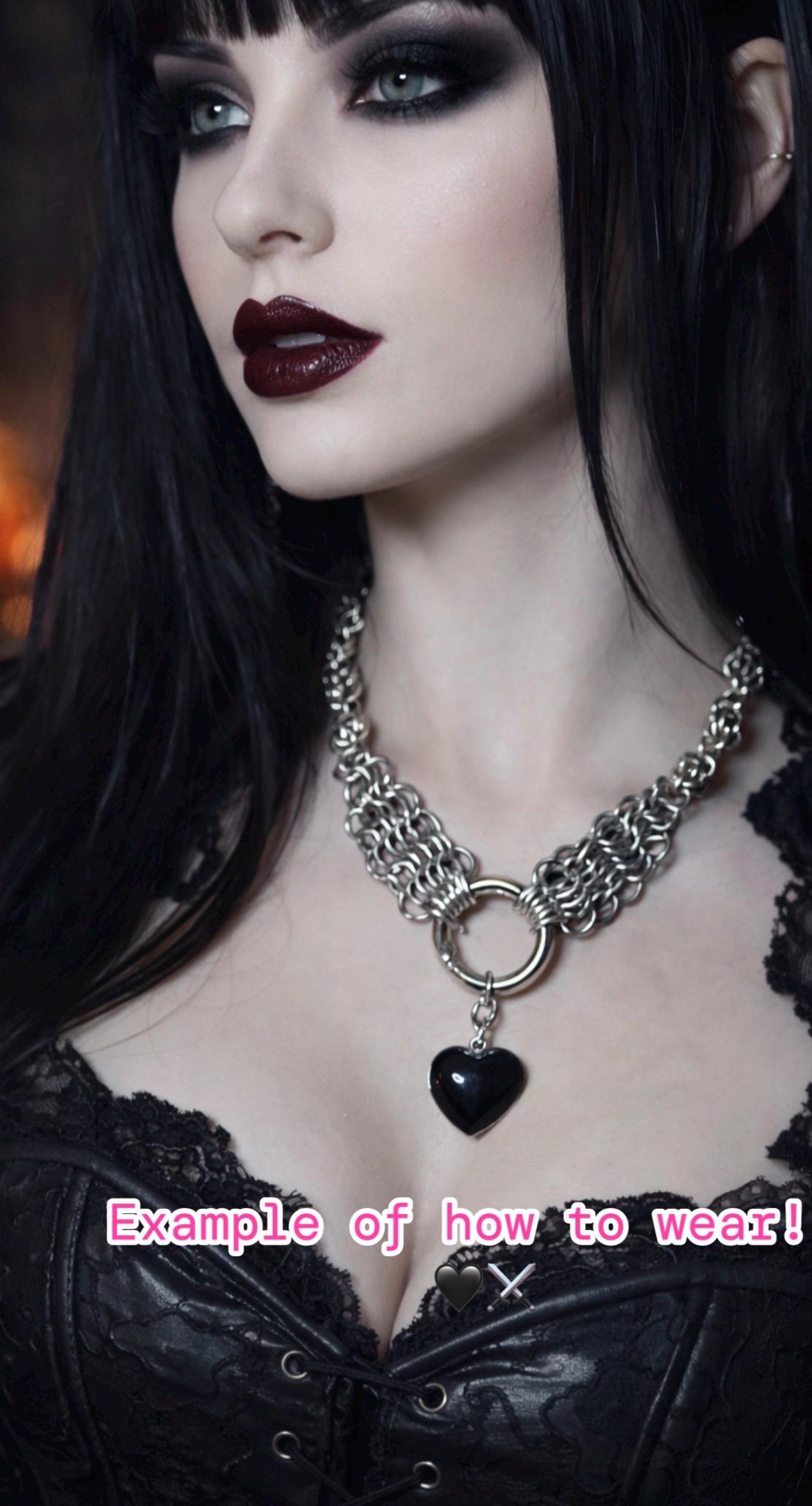 Stainless Steel Chainmail Choker with Black Obsidian Heart - Gothic Statement Necklace
