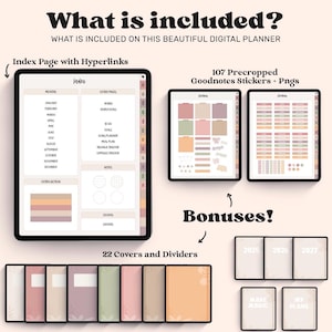 Op de afbeelding: Afbeelding met de inhoud van een digitale planner, waaronder een indexpagina met hyperlinks, 107 voorgesneden Goodnotes-stickers, 22 covers en verdelers, en bonuspagina's voor 2025, 2026 en 2027. De tekst "What is included?" staat bovenaan.