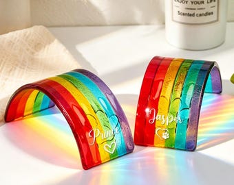Arco arcobaleno in vetro fuso personalizzato per la commemorazione degli animali domestici – Scultura con nome personalizzato