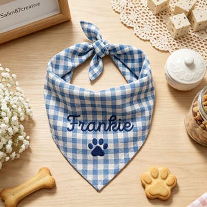 Custom Embroidered Gingham Dog Bandana: Personalized Pet Neckwear, Cotton-Linen Scarf image 8