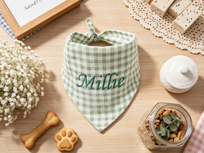 May include: A sage green and white gingham patterned pet bandana featuring the name Millie embroidered in dark green cursive script. The triangular fabric accessory has a knotted top section designed to be tied around a pet's neck.