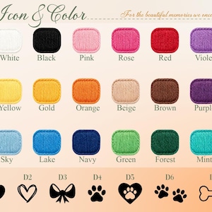 May include: A color chart titled Icon & Color featuring eighteen rectangular swatches of yarn in white, black, pink, rose, red, violet, yellow, gold, orange, beige, brown, purple, sky, lake, navy, green, forest, and mint, plus seven icons.