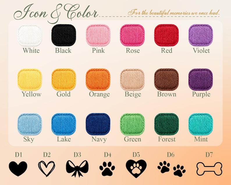 May include: A color chart titled Icon & Color featuring eighteen rectangular swatches of yarn in white, black, pink, rose, red, violet, yellow, gold, orange, beige, brown, purple, sky, lake, navy, green, forest, and mint, plus seven icons.