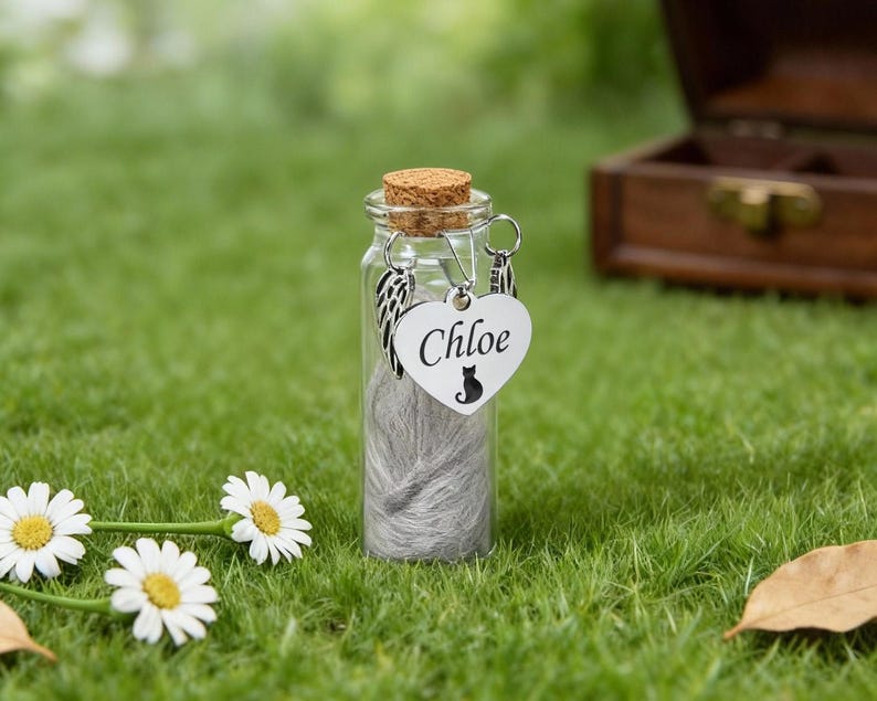 May include: A small glass bottle with a cork stopper, containing grey material, and a heart-shaped charm that says "Chloe" with a cat silhouette. The bottle is hanging from a silver wing charm. The bottle is on green grass.