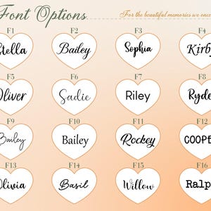 May include: Sixteen heart-shaped designs with names in various fonts. The image includes the text "Font Options" and "For the beautiful memories we once had." Names displayed are Stella, Bailey, Sophia, Kirby, Oliver, Sadie, Riley, Ryder, Rockey, Cooper, Olivia, Basil, Willow, and Ralph.