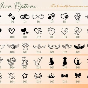 May include: A selection of black and white icons, featuring paw prints, hearts, angel wings, and celestial motifs. The text "Icon Options" is displayed at the top, with the phrase "For the beautiful memories we once had" beneath it.