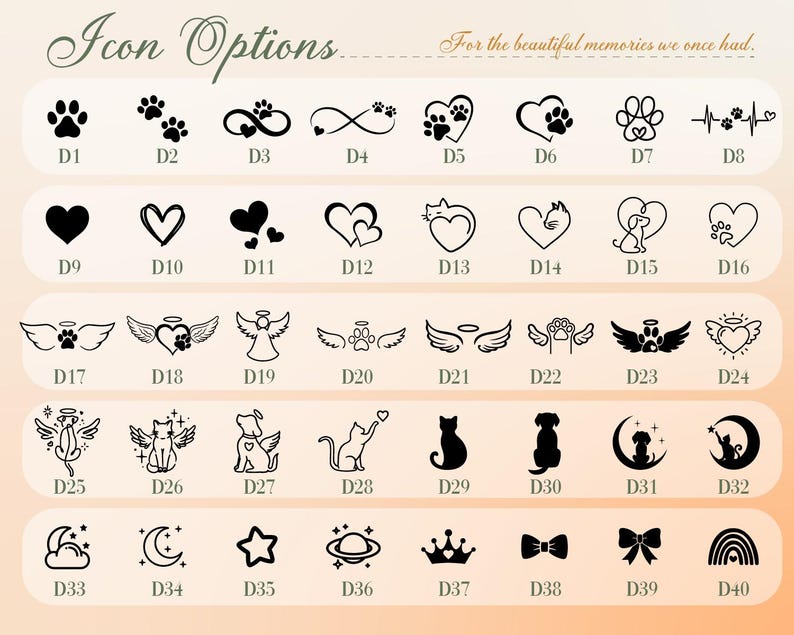 May include: A selection of black and white icons, featuring paw prints, hearts, angel wings, and celestial motifs. The text "Icon Options" is displayed at the top, with the phrase "For the beautiful memories we once had" beneath it.