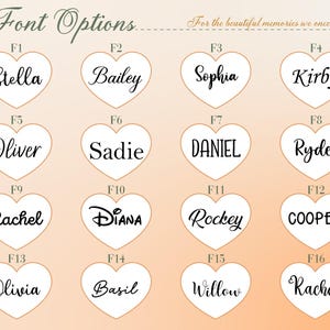 May include: A chart titled Font Options with the text For the beautiful memories we once had. It displays sixteen white heart-shaped icons, each labeled F1 through F16, containing various black font styles for names like Stella, Bailey, Sophia, Kirby, Oliver, Sadie, DANIEL, Ryder, Rachel, Diana, Rockey, COOPER, Olivia, Basil, Willow, and Rachel.
