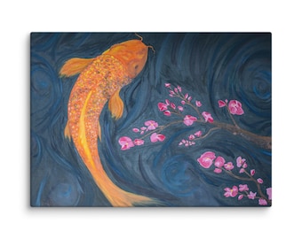 鯉の日本画キャンバスウォールアート – 青緑色の水に桜のプリント