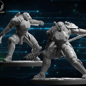 May include: Two gray, futuristic warrior figurines in dynamic poses. One holds a mace, the other a sword. Both are clad in detailed armor, standing on circular bases. The "WARDLADE STUDIO" logo is visible in the upper left corner.