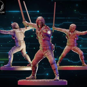 May include: Three action figures of a character in a combat pose, holding two swords. The figures are on circular platforms, with a logo in the upper left corner. The figures are wearing a light-colored uniform with armor.