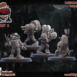 Puede incluir: Una colección de figuras en miniatura de la serie "Goblin Horror Movies Team". El conjunto incluye personajes goblin con accesorios temáticos de películas, como una cámara y un cofre del tesoro. Las figuras están listas para imprimir.