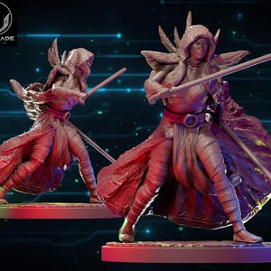 May include: Two figures in flowing robes, each holding a lightsaber, stand on circular bases. The figures are in a fighting stance, with hoods and wing-like details on their shoulders. The figures are a reddish-brown color, and the logo "WARDLADE STUDIO" is in the upper left corner.