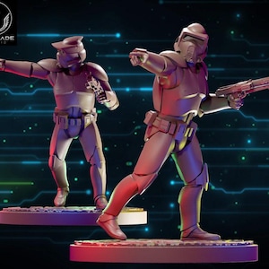 May include: Two gray action figures of soldiers in futuristic armor, each posed on a circular base. One figure points with a gloved hand, while the other holds a weapon. The Wardlade Studio logo is in the upper left corner.