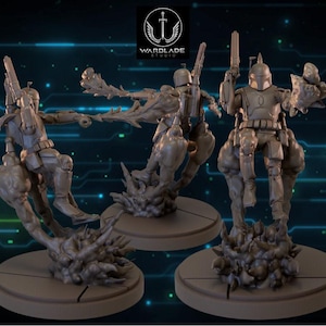 May include: Three detailed gray figurines of a character in armor, each posed dynamically on a round base. The figures are holding weapons and are surrounded by stylized smoke or cloud effects. The Wardlade Studio logo is visible.