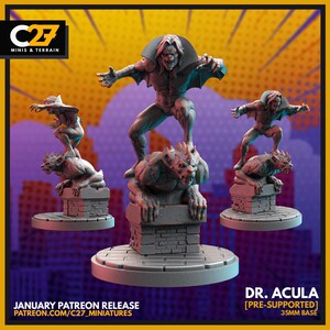 May include: A collection of miniature figures of a vampire character, standing on top of gargoyle statues. The figures are gray and detailed, with the text "DR. ACULA" and "35MM BASE" visible. The background is a cityscape with a yellow and purple gradient.